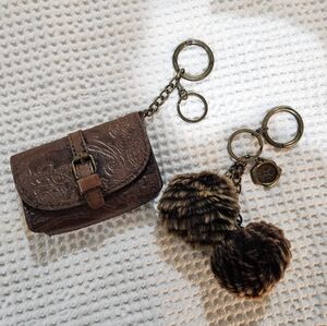 Brown Leather Keychain Pouch with Faux Fur Pom Poms